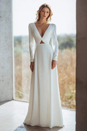 Cut-Out V-Neck Long Sleeve A-Line Ivory Engagement Dress